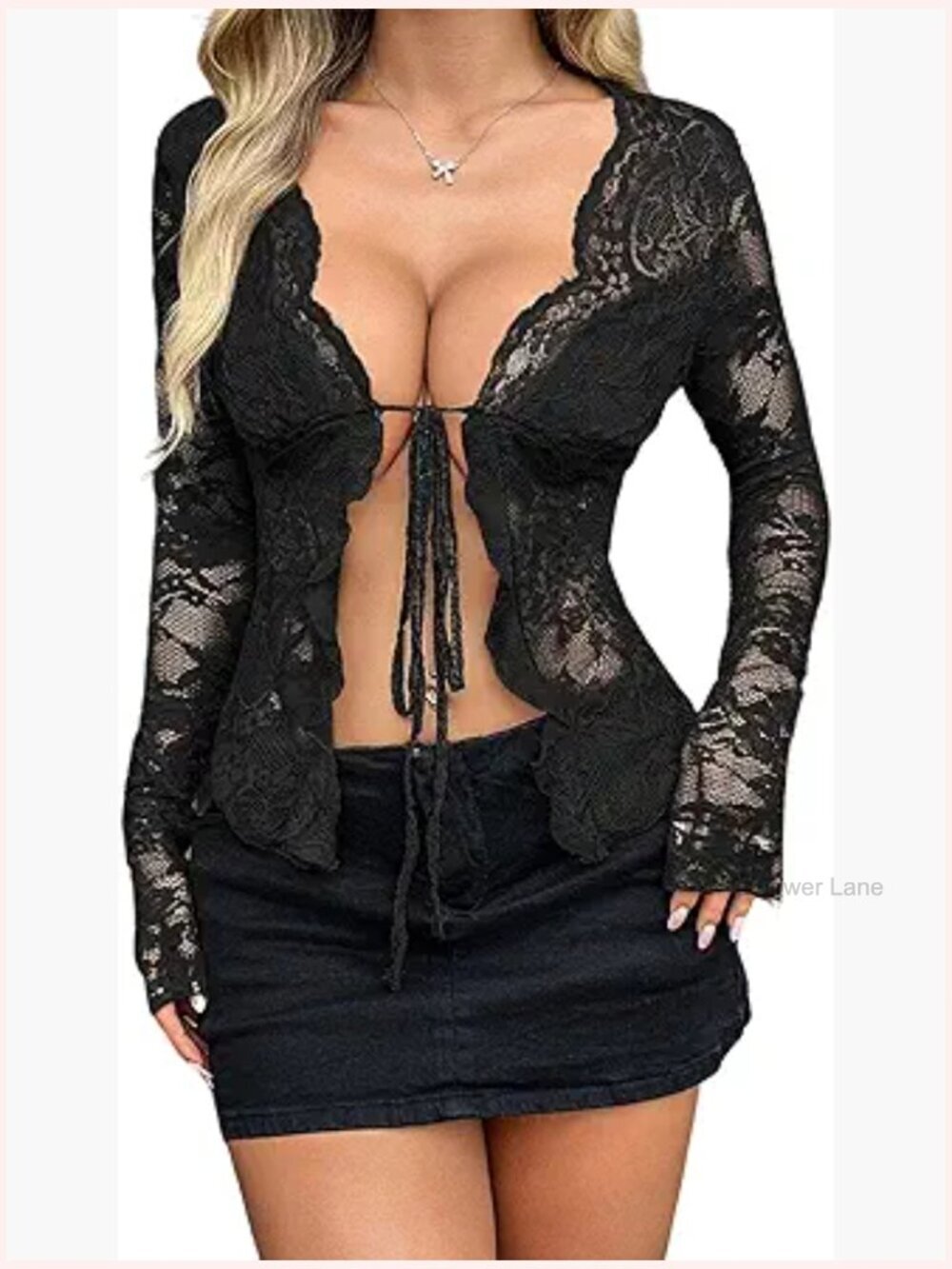 Sheer Lace Long Sleeve Tie Front V Neck Going Out Top
